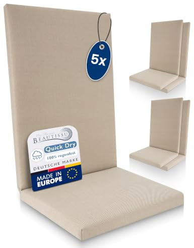Beautissu 5er Set Premium Hochlehner Auflage 100% Wasserdicht UV-beständig | 120x50cm Beige bequeme pflegeleichte Quick Dry Polsterauflage Sitzkissen Gartenstuhl Gartenmöbel Stuhlauflage Bequem QD-HL