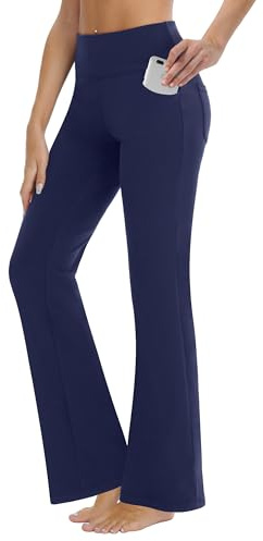 ZIRUU Damen Bootcut Yoga-Hosen mit Taschen Weites Bein Hose Hohe Taille Workout-Hosen Bauch-Control 4 Taschen Blue Large
