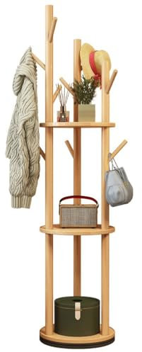 Porte Manteau sur Pied, Porte-vêtements Rotatif en Bois, Porte-Manteaux avec Étagère De Rangement à 3 Niveaux Et 9 Crochets, pour Couloir, Chambre Et Bureau
