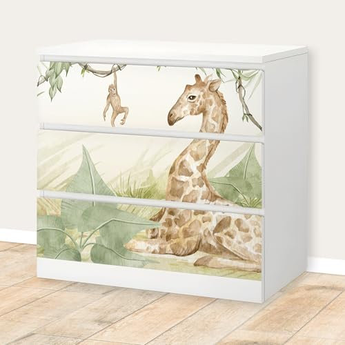 Unik Nordic Aufkleber Set Safari Aquarell für MALM Kommode mit 80 cm Schrankbreite, 3 Schubladen-Folien, Sticker für Schrank, Möbelfolie fürs Kinderzimmer, Schrankfolie für Kinder