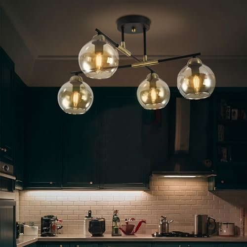 LQWELL® Kronleuchter Industrielle Deckenleuchte, Modern Kugelglas Lampenschirm Chandelier E14 Küchenlampe Schlafzimmerlampe für Wohnzimmer Schlafzimmer Küche, 4 Flammige, Keine Glühbirne