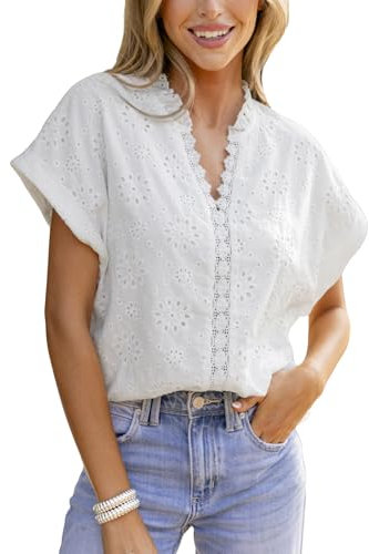 CUPSHE Womens Short Sleeve Blouse Shirt Rolled Sleeve V-Neck Eyelet Lace Tops Stand-Up Collar Comfortable Ruffles Casual Summer Ladies Tops Fashion White L