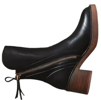 Suwequest Stiefeletten mit hohem Absatz für Damen, Leder, kurze Stiefel, runder Zehenbereich, breiter Absatz, seitlicher Reißverschluss, Stiefelette