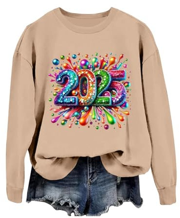 Damen Herbst und Winter Rundhals Langarm Sweatshirt Bedrucktes Oberteil Weihnachtspullover Glitzerblusen Damen Schwarz (3-Khaki, L)