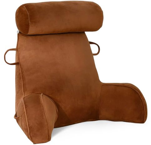 GKXLH Lesekissen - Samt Lesekissen zum Sitzen im Bett Erwachsene, Rückenkissen für Bett Sitzen mit rundem Kissen, Rücken-Armstütze, Bettruhekissen mit Arm & Tasche & waschbarem Bezug (Kaffee)