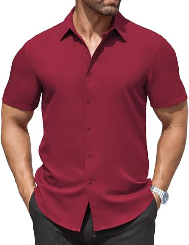 COOFANDY Men's Short Sleeve Shirt Plain Dress Shirt Business Casual Smart Shirts Stretch Formal Shirts for Work Burgundy XL