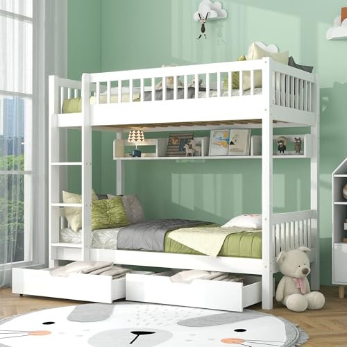 ROISDIYI Etagenbett 2 Kinder 90x200, Kinderbett mit 3-tufige rechtwinklige Leiter, Links oder rechts montierbare Treppe, mit Fallschutzgitter, Regale und MDF-Schubladen, Kiefernholzrahmen