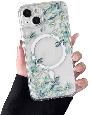 RALEAVO Magnetic Case for iPhone 13, Compatible with Magsafe Cute Flower Girls & Women Clear Case Silicone Shockproof Protective Cover with Floral Pattern Case for iPhone 13-Leaves