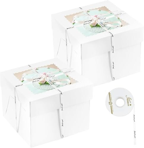 Tortenbox Set, 2 Stück Tortenkarton Hoch 30x30x20cm mit Tortenplatte, Tortenkarton Weiß, Tortentransportbox, Tortenschachtel, Tortenbox 30x30 mit Satinband und Aufklebern, Cake Box für Kuchen Gebäck