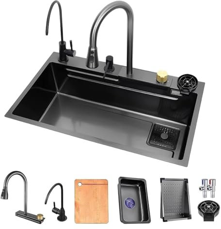 SaryEdge Fregadero de Cocina de Acero Inoxidable 304, Fregadero Grande para estación de Trabajo con Grifo en Cascada, lavaplatos, Juego de Drenaje, fre(Un Color - 80x45x21cm