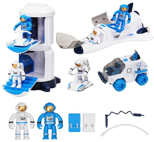 YULEYU Spaceship Toy Set for Boys Girls, Space Shuttle Toys, 10 Pcs, Blue | Astro Venture Space Playset including 2 Astronauts Figure, 1 Space Station, 1 Space Shuttle, 1 Space Rover, 1 Space Motorboat