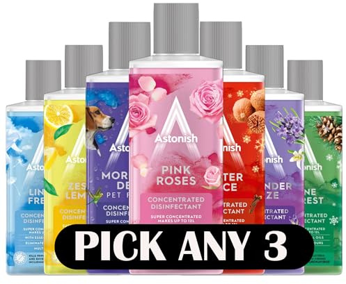 Astonish Concentrated Disinfectant – Pick Any 3 Scents – Powerful Multi-Surface Cleaner with Essential Oils – Kills 99.9% of Bacteria & Viruses – Long-Lasting Fragrance, 3 x 300ml