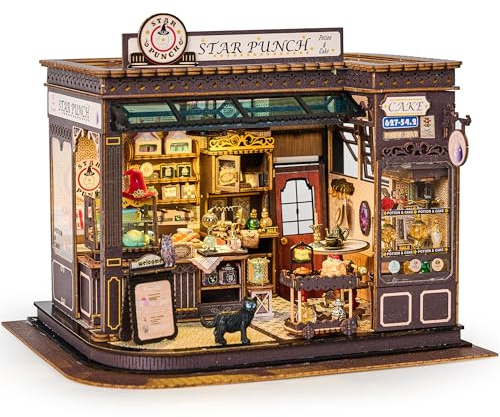 BenBen DIY Puppenhaus Bausatz, Café Miniatur Haus Kit für Erwachsene, Bastelset Haus Modellbausätz Bücherregal, Geschenk für Frauen und Männer