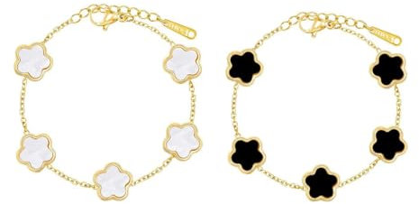 Bcenoilua 2 Stück Kleeblatt Armband Damen 18K Vergoldet Vierblättriges Kleeblatt Armreif Schmuckset Edelstahl Verstellbare Glücksarmband mit Klee Freundschaft Armband für Frauen Mädche