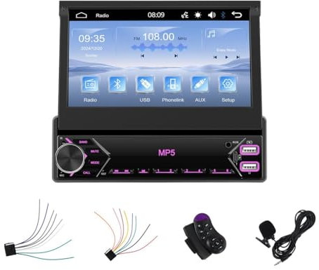 Uxsjakjsd Autoradio Simple DIN, Écran Tactile Rétractable de 7 Pouces, Carplay Android Auto Lecteur MP5 pour Voiture