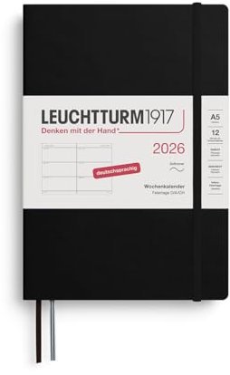 LEUCHTTURM1917 372555 Agenda settimanale Medium (A5) 2026, 12 mesi, Copertina morbida, Nero, Tedesco