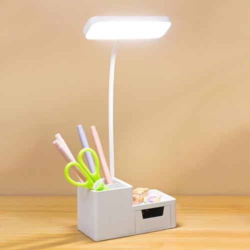 Nzkeuf Lampe de Bureau LED Lumière Réglable et Capteur Tactile, Lampe de Bureau Enfant avec Porte Stylo et Petit Tiroir, Chargement USB, 3 Modes d’Éclairage pour Apprendre et Lire
