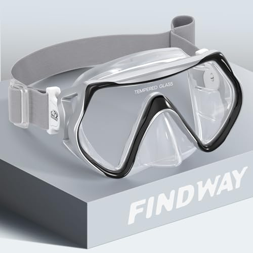 Findway Taucherbrille Erwachsene Teenager mit Verstellbares Elastisches Kopfband Stoffband, Tauchmaske für Herren Damen mit Nasenabdeckung, Schnorchelmaske mit 180°Panorama HD Tempered Glas Anti-Fog