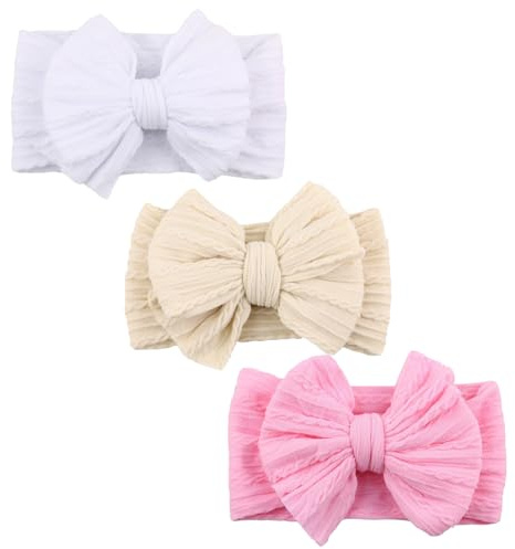 3-pack Baby Hårband, Mjuka Babyrosetter för Flickor, Nyfödd Hårtillbehör (Beige, Vit, Mellanrosa)