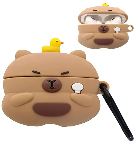 Floruvia Süße Kawaii 3D Cartoon Kapibala Design, Soft Silicone Schutzhülle für AirPods 4. Generation 2024 mit Schlüsselanhänger(braun)