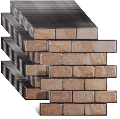 LOPYXBR 3D Brick Wall Panels, 30 Pack Self Adhesive Wall Tiles | 30 x 30cm panels, 5mm thick, yellow stone brick effect, black grout, peel and stick design, kitchen and bathroom wall decor