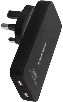 SMARTGEAR 65W USB C Charger, Ultra Thin GaN Dual Port Travel Charger with UK EU US Plug, Fast Charging Adapter for MacBook Pro Air, iPhone 17 16 15, iPad Pro, Samsung Galaxy