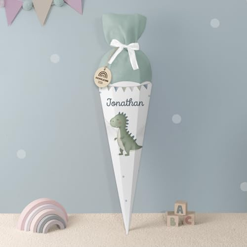 hellomini Personalisierte Schultüte aus Karton & Filz – Zuckertüte 84 cm für Jungen & Mädchen zur Einschulung – Hochwertiges Schultüten-Set mit Aquarell-Motiv (T-Rex, Mint)