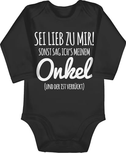 Baby Body langarm Mädchen Junge - Sprüche - Sei lieb zu mir sonst sag ichs meinem Onkel I - 3/6 Monate - Schwarz - geschenk für nichte babygeschenke spruch uncle babybody mit babygeschenk spruche