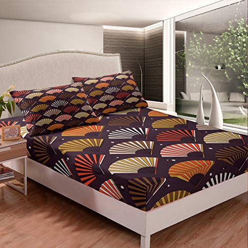 Fans Bed Sheet Set Chinese Style Bedding Set for Boys Girls Children Folding Fan Fitted Sheet Stain Resistant Room Decor Geometric Pattern Single Size Bed Cover 2Pcs