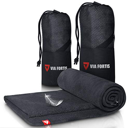 VIA FORTIS Mikrofaser Handtuch - Ultra leicht & schnelltrocknend - mit Reißverschluss-Fach - Microfaser Handtücher - Ideal als Sporthandtuch, Strandhandtuch und Reisehandtuch Grau