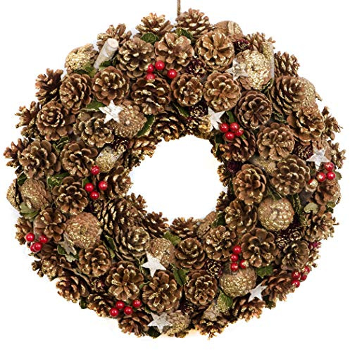 GreenBrokers Premium Quality Christmas Hanging Wreath 48cm - Festive Pine Cone Display with Gold Frosting
