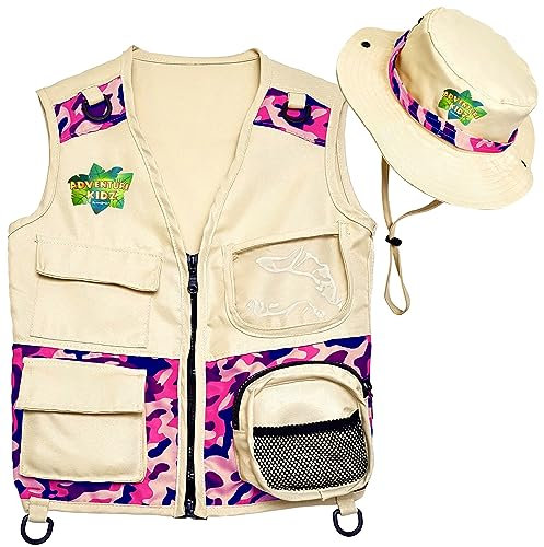 Kidz@Play Safari Kidz Outdoor Explorer Kit – Pink Camouflage Cargo Weste und Hut Set, Hinterhof Natur Abenteuer, waschbares Kostüm, Tan, Pink, Grey, 3-8 Jahre, VH1002P