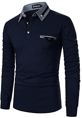 APAELEA Mens Polo Shirts Long Sleeve Cotton Casual Tops with Chest Fake Pocket Decoration,Navy,M
