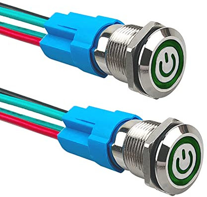 Aiqeer 2 Stück 12 mm Rastend Druckschalter, 12V / 24V 3A Auto Zündung Starter Schalter, IP66 Wasserdichter Edelstahl Druckschalter, mit Vorverdrahteter Steckdose (Grün LED)