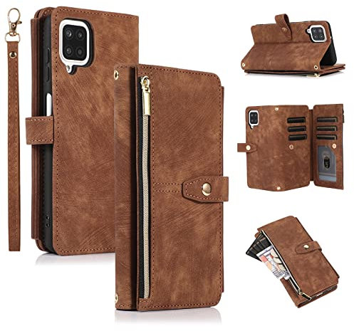 UEEBAI Custodia per Samsung Galaxy A12 5G, 9 slot per schede Portafoglio in pelle antiurto Flip Cover con tracolla Tasca con cerniera Cavalletto Borsa Chiusura magnetica - Retro Marrone