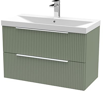 Hudson Reed DFF895D Fluted Modern Bathroom Wall Hung 2 Drawer Vanity Basin Unit with Thin-Edge Ceramic Basin, 800mm, Satin Green