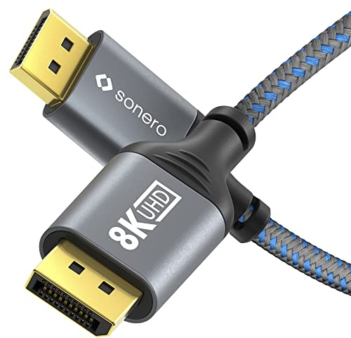 Sonero DisplayPort 1.4 Kabel 8K 60Hz 4K 120Hz Baumwollmantel 3,00m | DisplayPort Stecker auf DisplayPort Stecker für PCs, Monitore und Laptops, grau/schwarz mit Aluminiumgehäuse