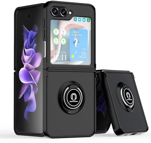 RankOne Coque pour Samsung Galaxy Z Flip5 / Samsung Galaxy Flip 5 2023 (6.7 inches), Anneau Support Base Ventouse Magnétique Etui pour Téléphone Portable Mat Transparent - Le Noir