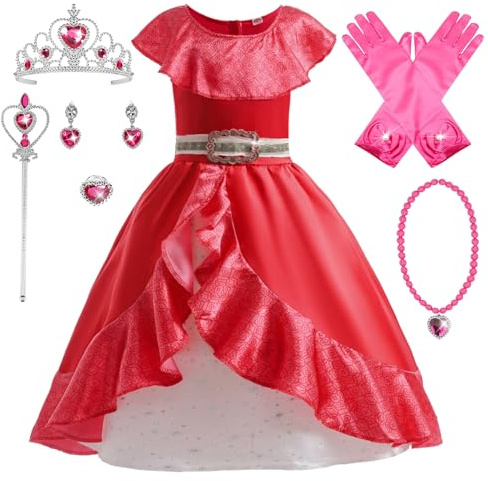 YOSICIL Elena Abenteuer Kleid Klassisches Elena von Avalor Kostüm Prinzessin Elena Mädchen mit Rüschen Mädchen Halloween Kostüm Weihnachten Party Rot,120