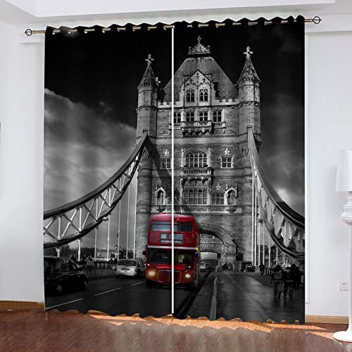 Gardinen Kinderzimmer Blickdichter Vorhang 200X214Cm 2 Stücke 3D Blick Auf Die London Tower Bridge Muster Verdunklungsvorhänge Schlafzimmer Wohnzimmer Dekoration Ösenschal Kinder Thermovorhang