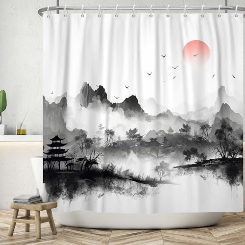 ASDCXZ Duschvorhang 180x180 cm, Chinesischer Stil Tinte und Waschen Malerei Berg Sonnenuntergang Waschbar Bad Duschvorhänge Polyester Textil Wasserdicht Duschvorhang für Badewanne mit 12 Haken