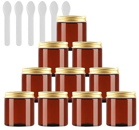PQPAUTY 12 Pièces Vides Petit 200 ml Marron Cosmétique Pot en Plastique avec Couvercle Or 200 g Pots de Cosmétique Crème de Bouteille Contenant avec 6x Spatules