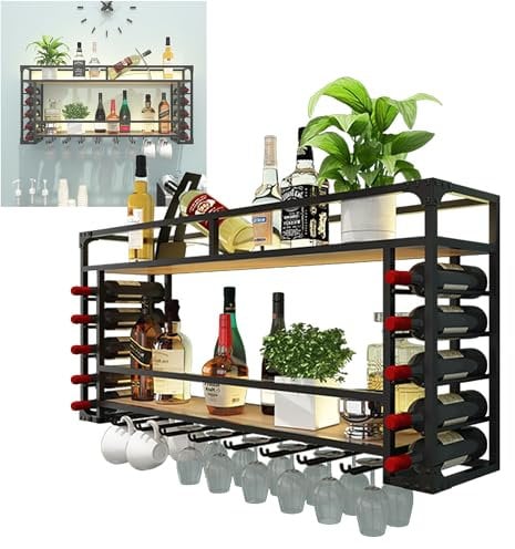 Weinregal Wand Metall Flaschenregal Schmal Wine Rack Bar Regal Wand mit Weinglashalter Weinhalter Weinständer Weinflaschenhalter Wandregal Küche Getränkeregal Weinschrank mit Licht für Bartheke ( Colo