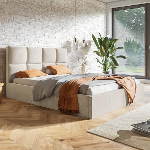MOTIVENA Star Polsterbett 180x200 Beige Mit Bettkasten, Stauraum, Lattenrost Und Kopfteil - Samt - Ohne Matratze