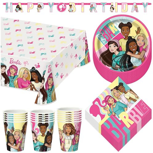 Barbie and Friends Pink Birthday Party Paper Dessert Plates, Napkins, Cups, Table Cover, and Happy Birthday Banner Decoration (16 Plates & Napkins)