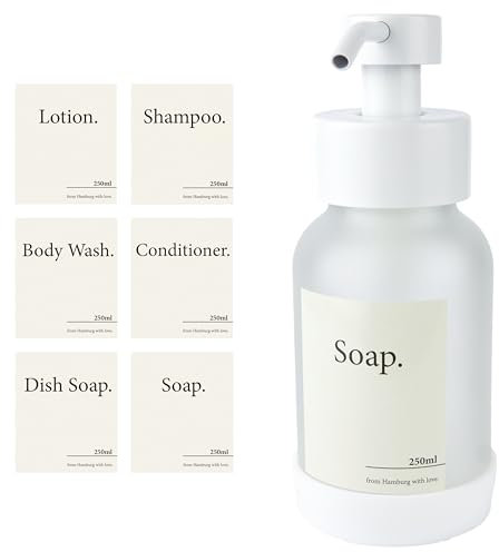 Design Amburgo Dispenser sapone bagno | Dispenser sapone cucina | Porta sapone bagno | Accessori cucina | Vetro e acciaio inossidabile | Con base in gomma | Bianco Frost 250 ml