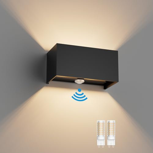 Klighten 1PCS 18W Applique Murale Extérieur avec Détecteur de Mouvement IP54 Éclairage Mural Intérieur avec Angle de Faisceau Réglable, avec Ampoule LED G9 Remplaçable Lampe,3000K (Noir)