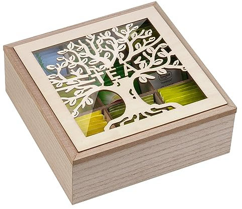 QILICZ Tea Box, Wood Tea Bag Holder,Wooden Tea Holder for Tea Bags Organiser Tea Box Storage with Tree Pattern, Coffee and Tea Organiser for Tea Bag Storage