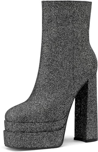 Donna Tacco a Blocco Stivali con Plateau Brillantini Tacco Alto Stivaletti Punta Rotonda Zip Moda Stivali da Festa, A162627Ck Nero Numero 40 EU/41Cn