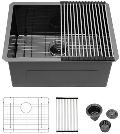 24 schwarze Unterbau-Waschspüle – Couoko 61 x 45,7 x 30,5 cm Gunmetal Black Edelstahl Waschspüle Nano PVD 16 Gauge Einzelbecken tiefes Waschküchenbecken